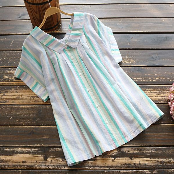 6558 new summer women blouse mori girl stripe turndown collar short sleeve loose casual cotton and linen shirt, White
6558 new summer women blouse mori girl stripe turndown collar short sleeve loose casual cotton and linen shirt, White