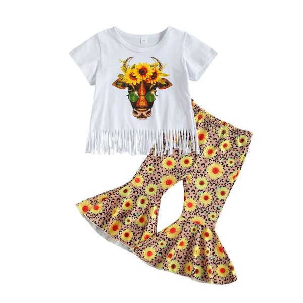 summer 1-6y baby girl 2pcs set sunflower garland cow print short sleeve tassels floral leopard flared pants clothes clothing sets, White
summer 1-6y baby girl 2pcs set sunflower garland cow print short sleeve tassels floral leopard flared pants clothes clothing sets, White