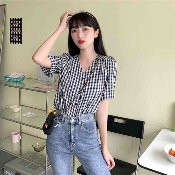 3 sizes vintage v-neck fresh plaid yellow blue short sleeve summer spring thin arrival women shirts 210522, White
3 sizes vintage v-neck fresh plaid yellow blue short sleeve summer spring thin arrival women shirts 210522, White