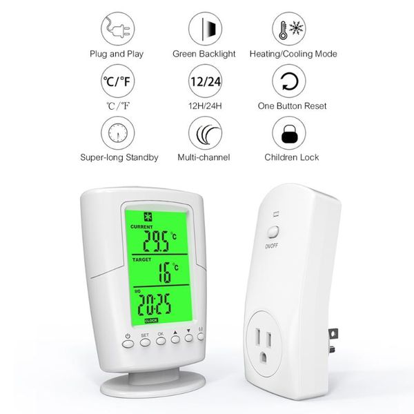 smart home control programmable wireless remote thermostat plug in socket heating cooling program temperature controller--ac110v-120v 15a
smart home control programmable wireless remote thermostat plug in socket heating cooling program temperature controller--ac110v-120v 15a