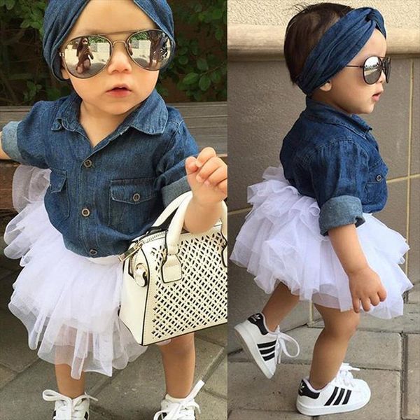 3pcs set children girls clothing toddler kids baby denim t mesh tutu skirt with headband outfits, White
3pcs set children girls clothing toddler kids baby denim t mesh tutu skirt with headband outfits, White