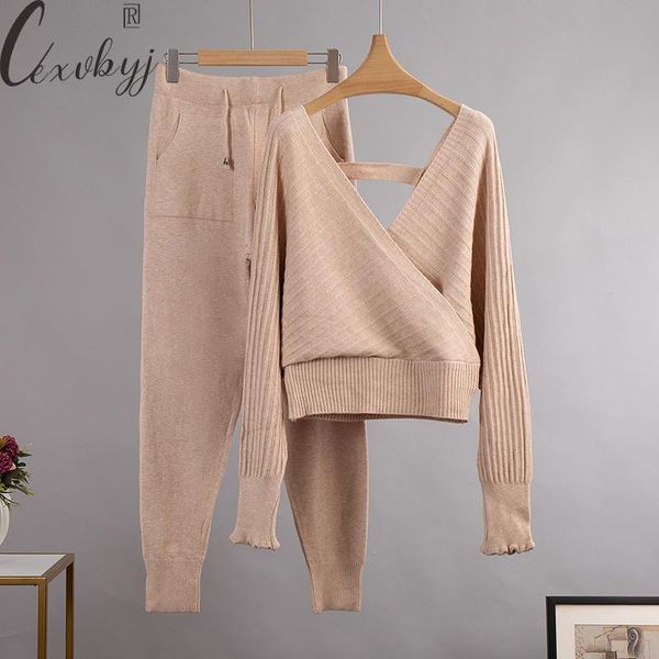 women's two piece pants women 2 peice sweater tracksuits double v-neck pullover sweater+harem sets 2021 autumn winter knitted suits, White 
women's two piece pants women 2 peice sweater tracksuits double v-neck pullover sweater+harem sets 2021 autumn winter knitted suits, White