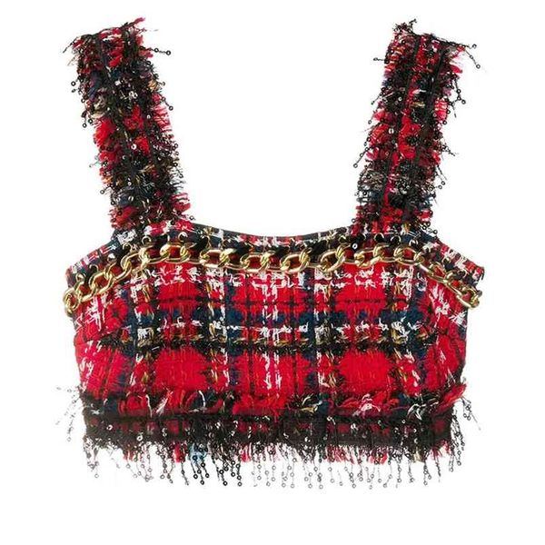 high street fashion designer women's sequined tassel plaid tweed camis 210407, White
high street fashion designer women's sequined tassel plaid tweed camis 210407, White