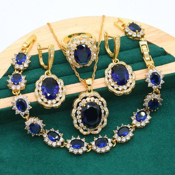 earrings & necklace luxurious royal blue zircon gold color jewelry sets for women wedding bracelet pendant bride ring gift box, Silver
earrings & necklace luxurious royal blue zircon gold color jewelry sets for women wedding bracelet pendant bride ring gift box, Silver
