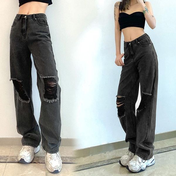 high waist pocket street long black denim trousers fashion ripped straight jeans ladies women's, Blue
high waist pocket street long black denim trousers fashion ripped straight jeans ladies women's, Blue