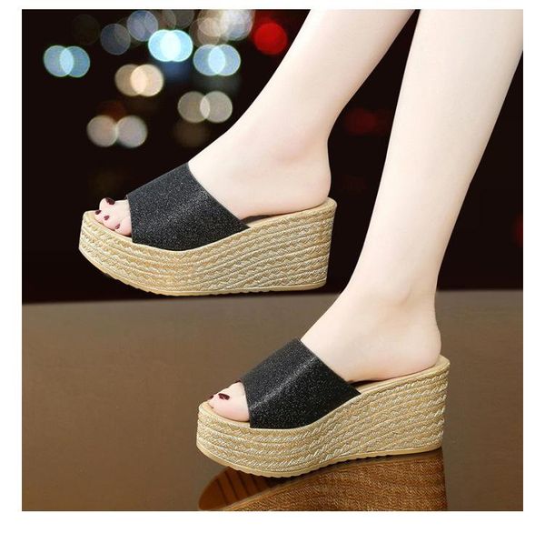 open toe outside fashion elegant women slippers super high wedges platform solid shoes slip-on beach summer, Black
open toe outside fashion elegant women slippers super high wedges platform solid shoes slip-on beach summer, Black