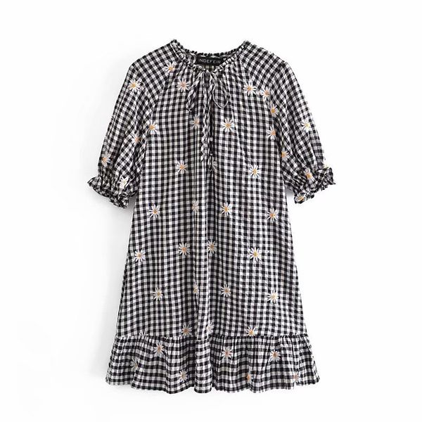 fashion plaid floral embroidery short puff sleeve dress za cute bow female vintage casual summer female dressses 210521, Black;gray
fashion plaid floral embroidery short puff sleeve dress za cute bow female vintage casual summer female dressses 210521, Black;gray