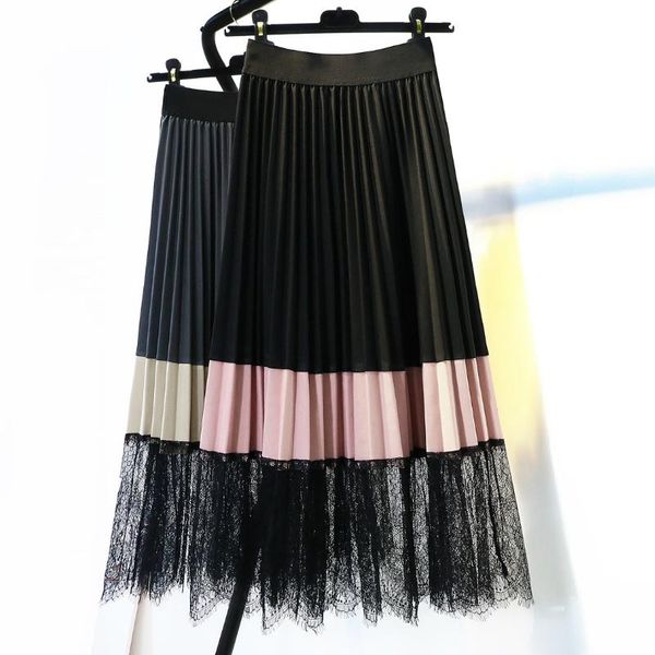 skirts contrast color paragraph mid calf long pleated skirt lace patchwork sweet scuba vintage a-line, Black 
skirts contrast color paragraph mid calf long pleated skirt lace patchwork sweet scuba vintage a-line, Black