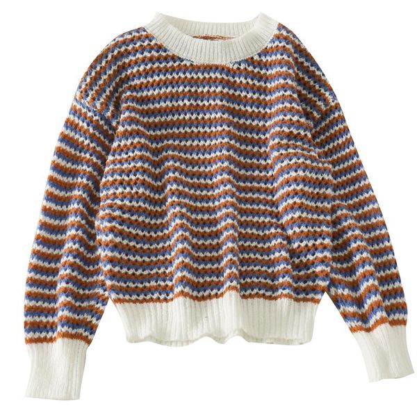 women's sweaters fashion long-sleeved round neck knitted color matching striped loose pullover sweater women, White;black
women's sweaters fashion long-sleeved round neck knitted color matching striped loose pullover sweater women, White;black