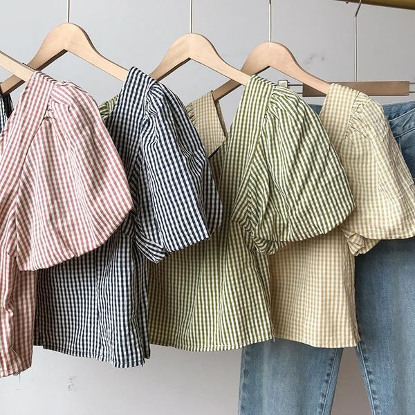 women's t-shirt check puff sleeve square collar student short style temperament was thin fashion casual western, White
women's t-shirt check puff sleeve square collar student short style temperament was thin fashion casual western, White