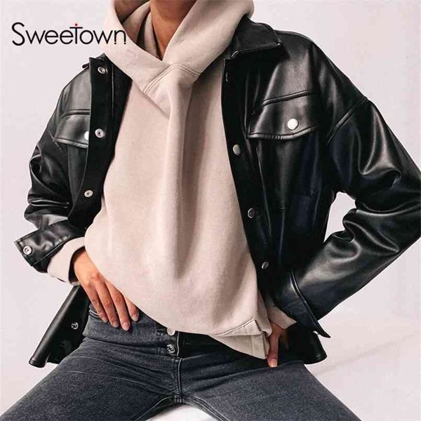 sweetown black faux leather blouses shirt women streetwear covered button turn down collar ladies manches bouffantes 210730, White
sweetown black faux leather blouses shirt women streetwear covered button turn down collar ladies manches bouffantes 210730, White