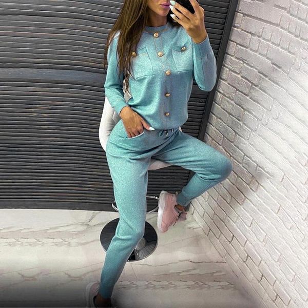 women's two piece pants round-neck pocket button knitting sports suit gold and silver silk two-piece set, White
women's two piece pants round-neck pocket button knitting sports suit gold and silver silk two-piece set, White