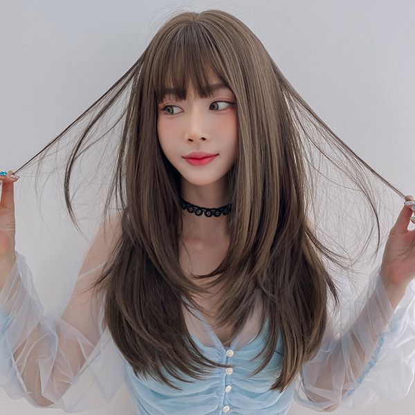 wig womens long straight hair inner button air bangs full hair cover temperament, Black
wig womens long straight hair inner button air bangs full hair cover temperament, Black