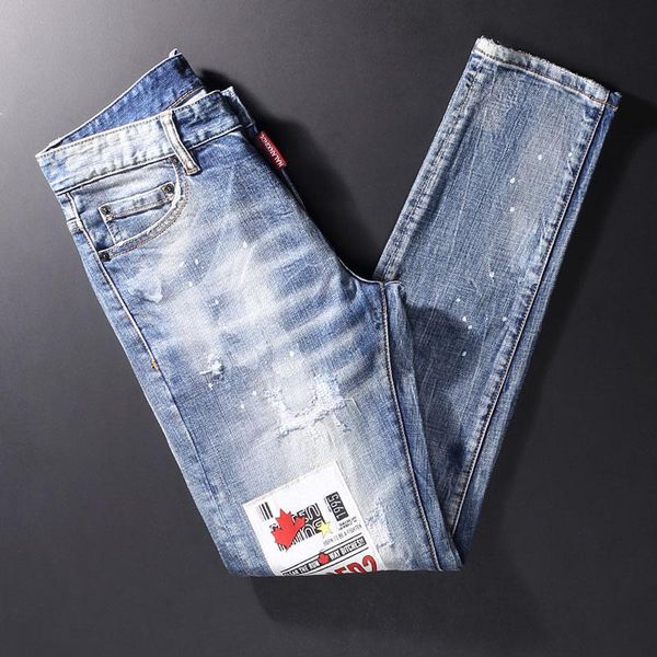 men's jeans street style fashion men retro light blue elastic slim ripped patch designer hip hop splashed denim pencil pants
men's jeans street style fashion men retro light blue elastic slim ripped patch designer hip hop splashed denim pencil pants