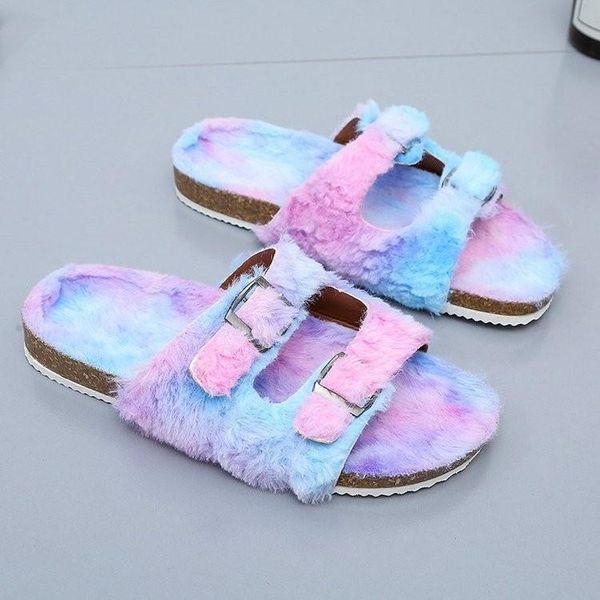 women's metal double button plush warm slippers cork medium heel sandals casual ladies female shoes, Black
women's metal double button plush warm slippers cork medium heel sandals casual ladies female shoes, Black