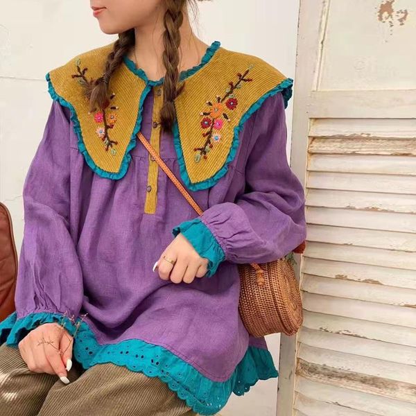 women's blouses & shirts johnature vintage linen turn-down collar mori women and 2021 autumn loose embroidery ruffles female, White
women's blouses & shirts johnature vintage linen turn-down collar mori women and 2021 autumn loose embroidery ruffles female, White