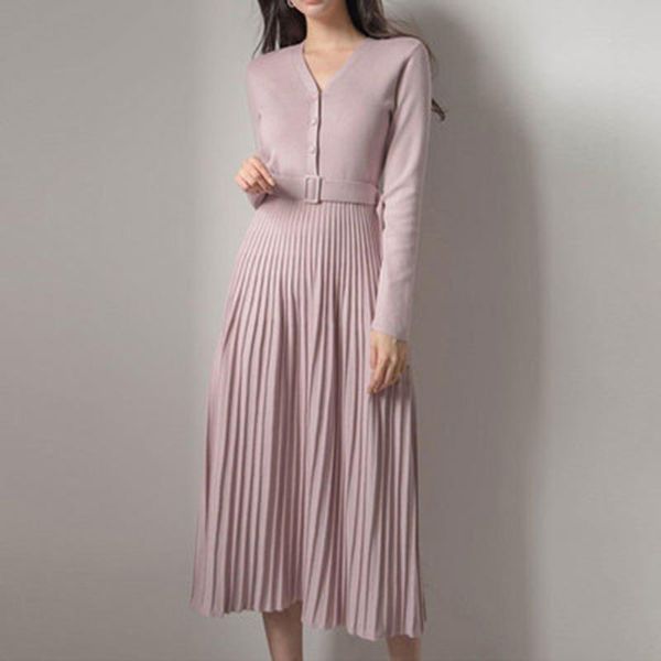 casual dresses elegant autumn knitted pleated dress v-neck belted single-breasted women sweater midi 2021 a-line vestidos, Black;gray 
casual dresses elegant autumn knitted pleated dress v-neck belted single-breasted women sweater midi 2021 a-line vestidos, Black;gray