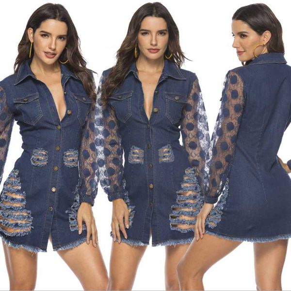 lace patchwork women streetwear denim mini dress 2021 spring arrivals turn-down collar single-breasted ripped dresses casual, Black;gray
lace patchwork women streetwear denim mini dress 2021 spring arrivals turn-down collar single-breasted ripped dresses casual, Black;gray