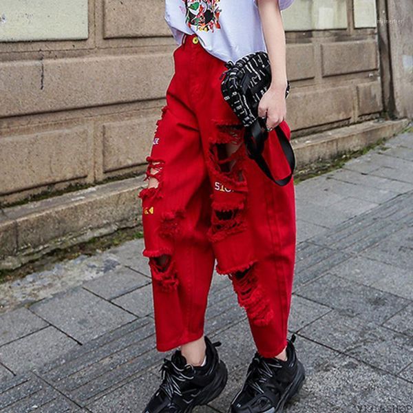 red women's jeans high-waisted street style distressed straight-leg ripped pants, Blue
red women's jeans high-waisted street style distressed straight-leg ripped pants, Blue