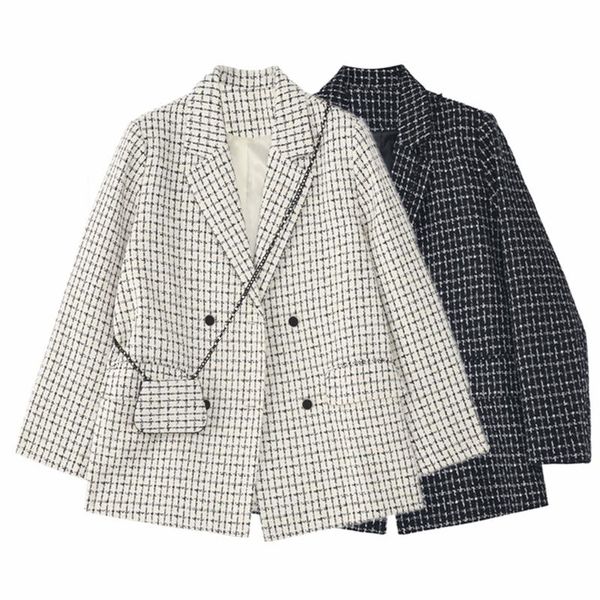 women's suits & blazers plaid blazer double-breasted loose casual tweed small suit with bag trendy black white contrast color, White;black
women's suits & blazers plaid blazer double-breasted loose casual tweed small suit with bag trendy black white contrast color, White;black