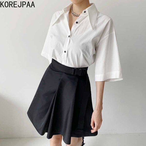 korejpaa women sets summer simple lapel single-breasted loose short-sleeved shirt high-waist buckle pleated a-line skirt 210526, White
korejpaa women sets summer simple lapel single-breasted loose short-sleeved shirt high-waist buckle pleated a-line skirt 210526, White