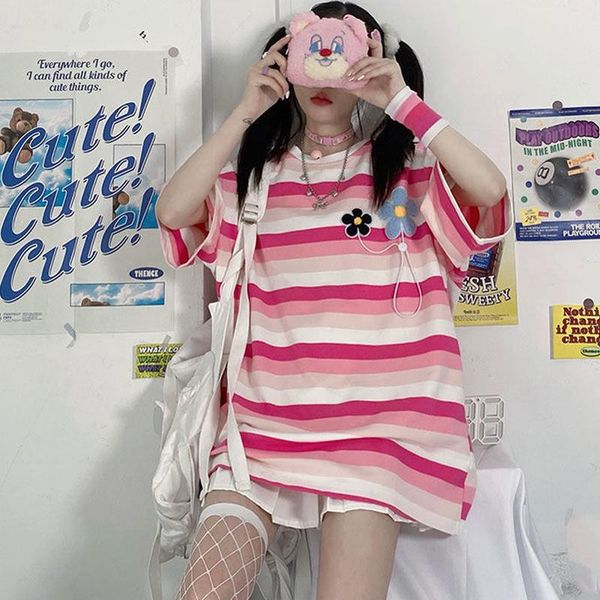 women's t-shirt sweet girl cute japanese street pink stripe shirt flowers harajuku kawaii casual ulzzang loose summer cotton, White
women's t-shirt sweet girl cute japanese street pink stripe shirt flowers harajuku kawaii casual ulzzang loose summer cotton, White