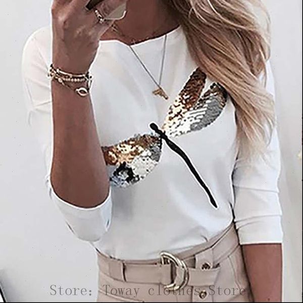 women womens t shirt dragonfly pattern sequins round neck long sleeve casual drop good quality, White
women womens t shirt dragonfly pattern sequins round neck long sleeve casual drop good quality, White