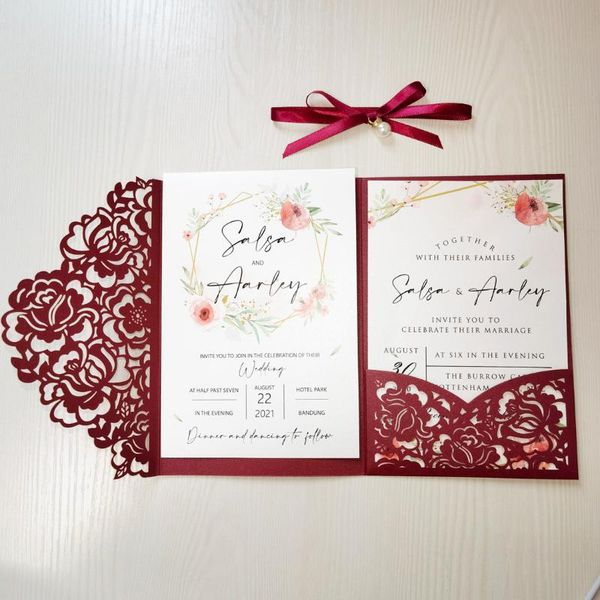 greeting cards 50pcs personalized laser cut wedding invitations pink burgundy hollow rose pocket with ribbons pendant quinceanera invite