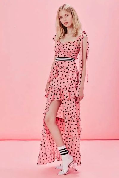side slit runway women dresses summer sweet pink heart printed ruffles pleated long elegant bow chiffon maxi dress, Black;gray
side slit runway women dresses summer sweet pink heart printed ruffles pleated long elegant bow chiffon maxi dress, Black;gray