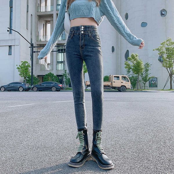 fashion jeans women's in spring and autumn 2021 slim high dark be elastic leggings, Blue 
fashion jeans women's in spring and autumn 2021 slim high dark be elastic leggings, Blue