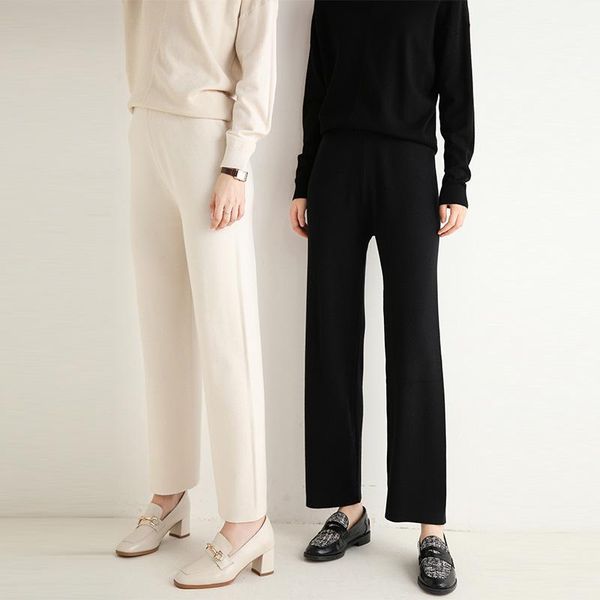 adishree 2021 women winter cashmere pants autumn loose knitted pencil warm female elastic waist mid solid women's & capris, Black;white