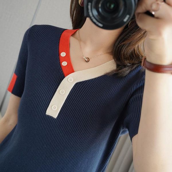 women's t-shirt summer pure cotton casual v-neck knitted stitching sweater short-sleeved slim tees, White