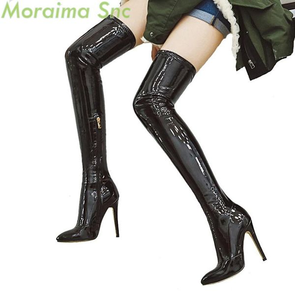 boots moraima snc stiletto high heels over the knee women patent leather thigh zipper spring autumn long shoes, Black