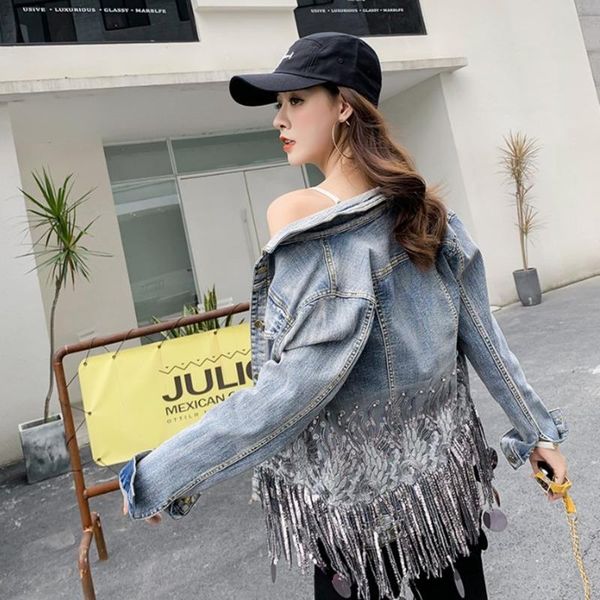 women's jackets fashion 2021 spring autumn tassled sequined short denim jacket women all-match long-sleeved casual chaqueta mujer, Black;brown
women's jackets fashion 2021 spring autumn tassled sequined short denim jacket women all-match long-sleeved casual chaqueta mujer, Black;brown