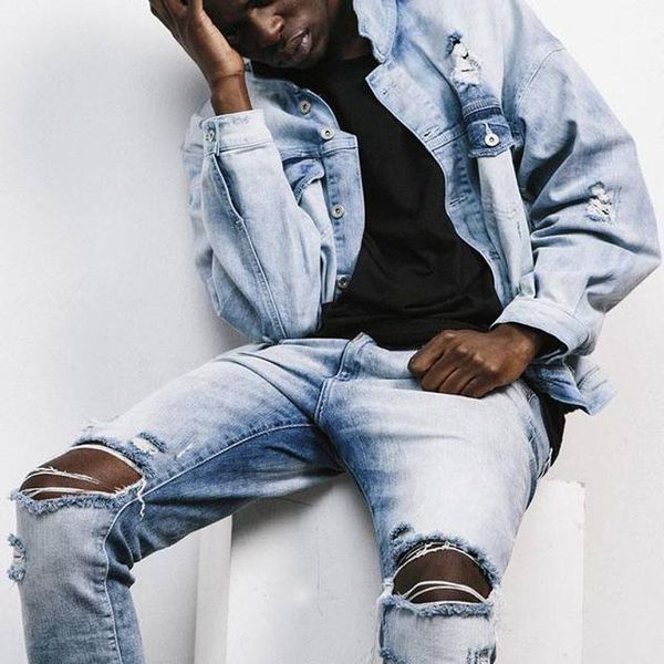 men high street fashion ripped jeans male korean style skinny pants stretchy hole denim scratched personality design trousers men's, Blue
men high street fashion ripped jeans male korean style skinny pants stretchy hole denim scratched personality design trousers men's, Blue