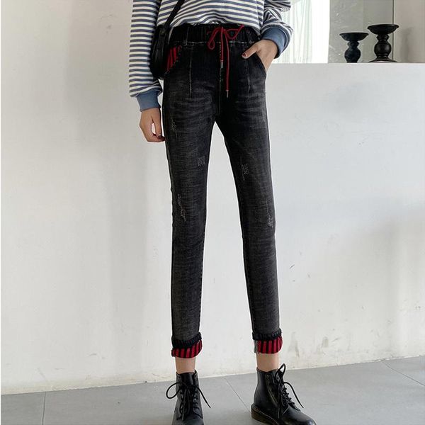 cuffs high waist skinny women's jeans elastic lace up slim pencil pants ladies ankle length scratched cowboy, Blue
cuffs high waist skinny women's jeans elastic lace up slim pencil pants ladies ankle length scratched cowboy, Blue