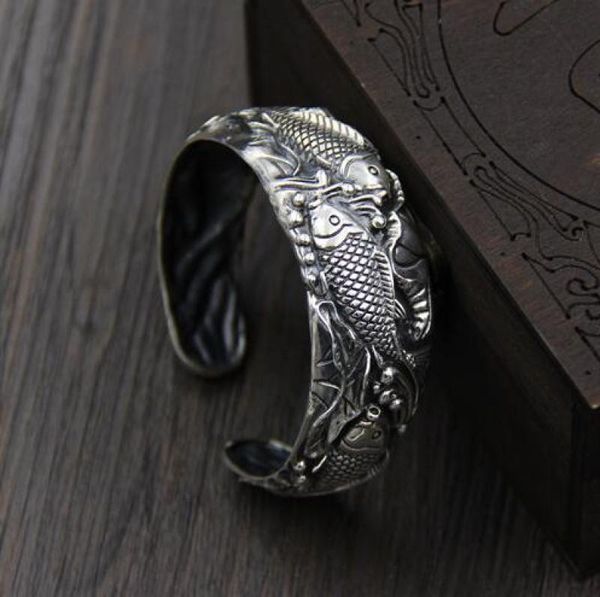 bangle silver color wide bracelet women's open cuff vintage style jewelry beautiful gift carved carp pattern, Black
bangle silver color wide bracelet women's open cuff vintage style jewelry beautiful gift carved carp pattern, Black