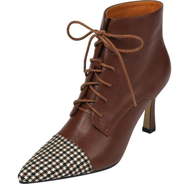 boots women's genuine leather fabric patchwork lace-up thin high heel autumn ankle pointed toe ladies slim dress shoe, Black
boots women's genuine leather fabric patchwork lace-up thin high heel autumn ankle pointed toe ladies slim dress shoe, Black