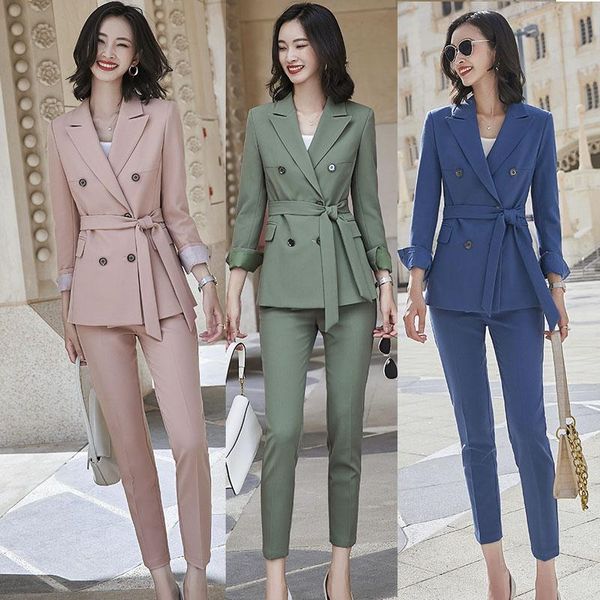 female business suit with belt slim fit 2 pieces set blazer and ankle pant women's two piece pants, White
female business suit with belt slim fit 2 pieces set blazer and ankle pant women's two piece pants, White