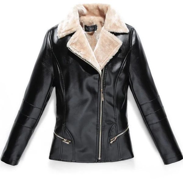 women's leather & faux winter miss coat plus velvet thicken pu skin ladies jacket short locomotive clothing fur one women outerwear, Black
women's leather & faux winter miss coat plus velvet thicken pu skin ladies jacket short locomotive clothing fur one women outerwear, Black