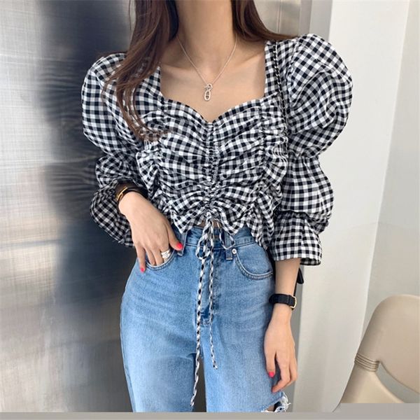 dress elegance plaid high waist color-hit sweet bow sleeves geometric all match chic short shirts, White
dress elegance plaid high waist color-hit sweet bow sleeves geometric all match chic short shirts, White