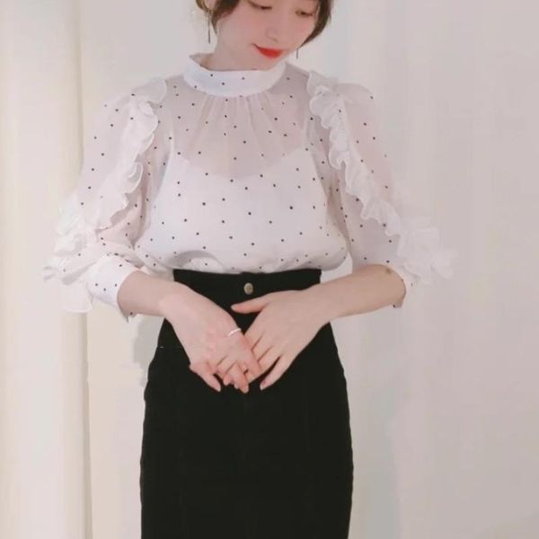 women's blouses & shirts japan style ruffles patchwork elegant women sweet long sleeve polka dot fall deisgned stand collar vintage, White
women's blouses & shirts japan style ruffles patchwork elegant women sweet long sleeve polka dot fall deisgned stand collar vintage, White