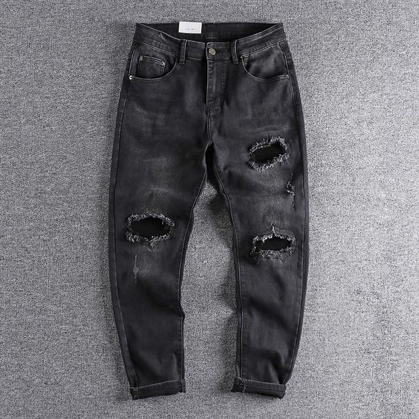 men's jeans 2021 autumn trend patch black slim cropped elastic perforated casual leggings cool trouser 519, Blue 
men's jeans 2021 autumn trend patch black slim cropped elastic perforated casual leggings cool trouser 519, Blue