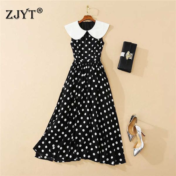 

arrivals summer women clothes runway fashion peter pan collar polka dot print long dress party vintage vestidos 210601, Black;gray