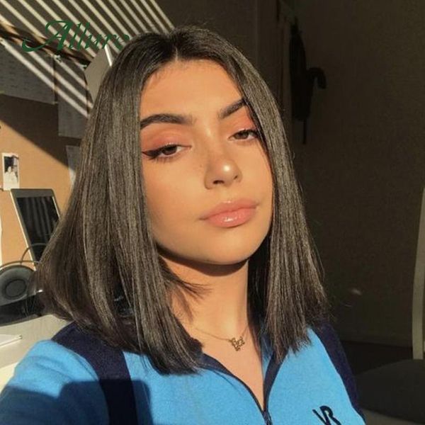 part lace front bob with bangs human hair wigs for black women brazilian remy natural brown color allure, Black;brown
part lace front bob with bangs human hair wigs for black women brazilian remy natural brown color allure, Black;brown
