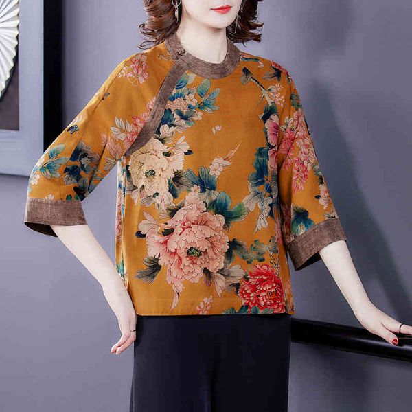 2021 new spring and autumn chinese style artificial-silk women blouse o-neck three quarters sleeve peony print elegent shirt, White 
2021 new spring and autumn chinese style artificial-silk women blouse o-neck three quarters sleeve peony print elegent shirt, White