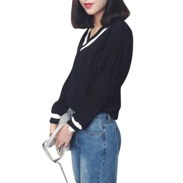 women's t-shirt autumn casual wild loose thin section stitching v-neck long-sleeved shirt women, White
women's t-shirt autumn casual wild loose thin section stitching v-neck long-sleeved shirt women, White