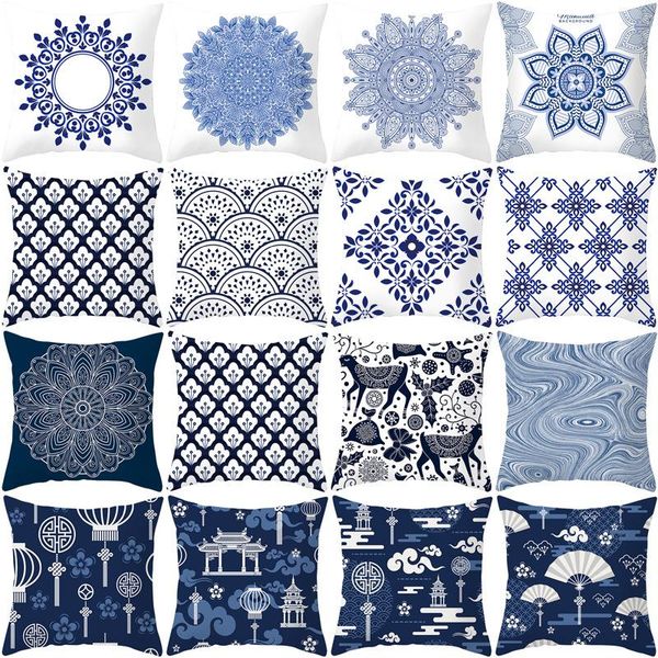 cushion/decorative pillow peach-skin pillowcase custom blue and white porcelain geometric abstract sofa cushion cover office waist
