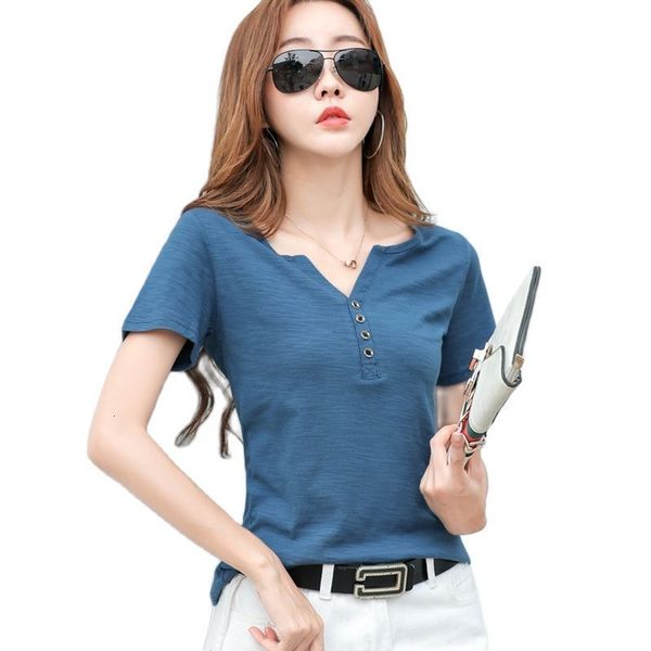 women's t-shirt female cotton-shirt shintime with v-neck, korean style, short sleeve, summer 2021 fashion pgt6, White 
women's t-shirt female cotton-shirt shintime with v-neck, korean style, short sleeve, summer 2021 fashion pgt6, White