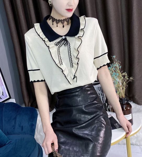 t-shirt l208# ice silk bow thin knitted women's 2021 summer new mid sleeve short fashion t-shirt, White 
t-shirt l208# ice silk bow thin knitted women's 2021 summer new mid sleeve short fashion t-shirt, White